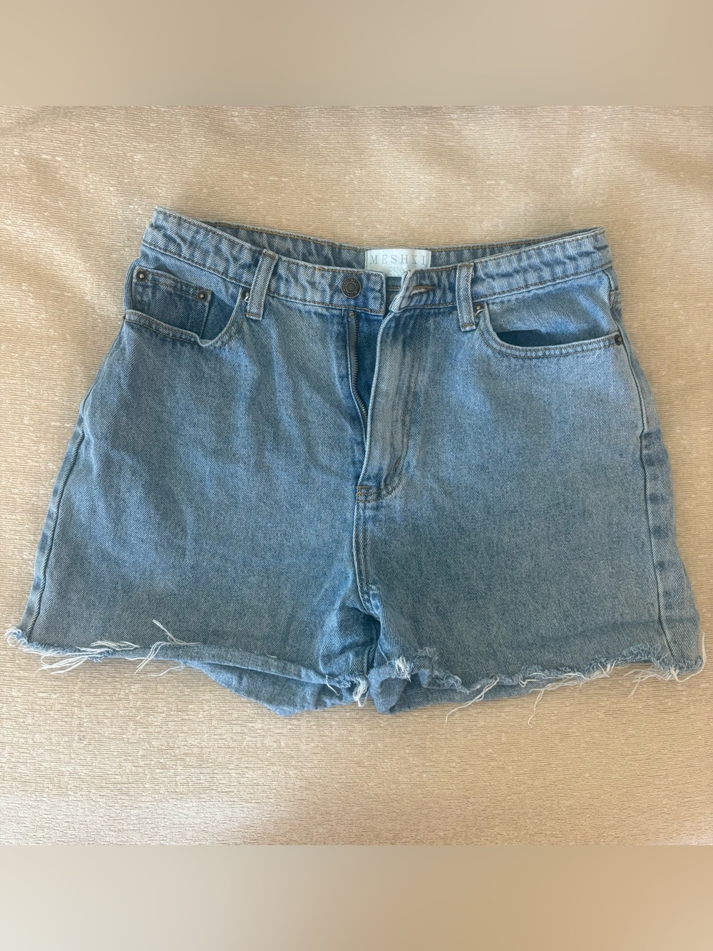 Meshki Light Blue High-Rise Denim Cutoff Shorts